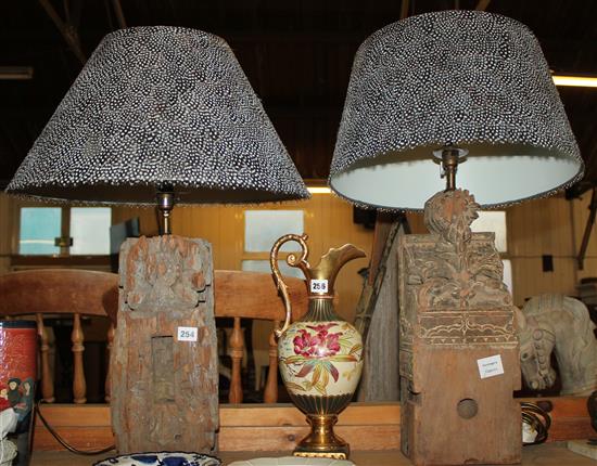 A pair Indian hardwood lamps partridge shades